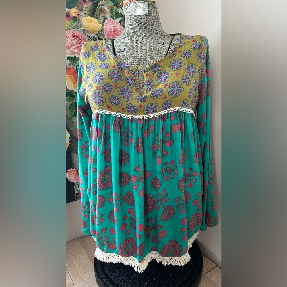 LIVE HAPPY/NATURAL WEAR GET UP & GO BOHO PEASANT TOP. RAW HEM, MIXED PRINTS. S/M - Picture 2 of 8